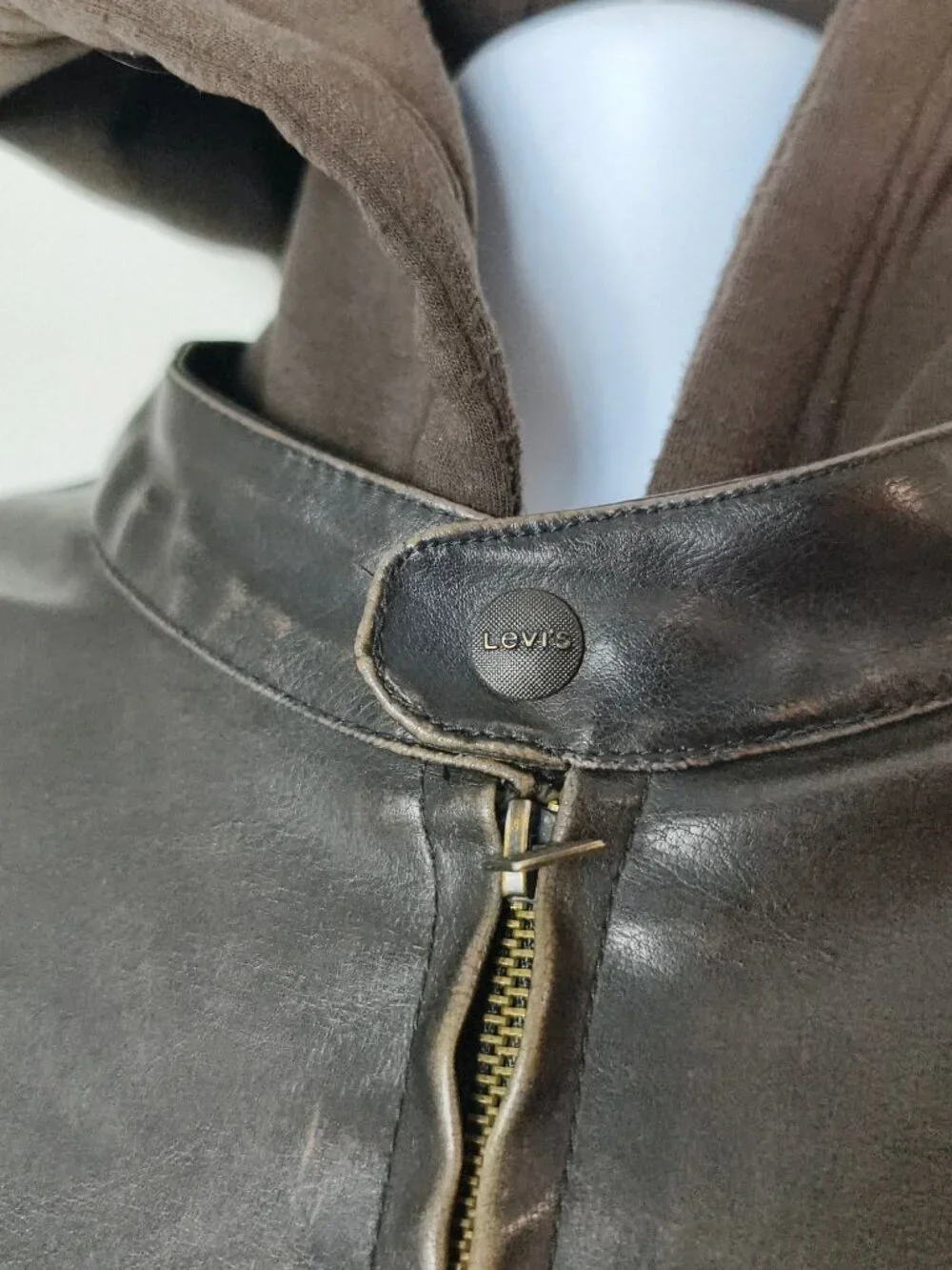 Vtg Levis Mens L Moto Coat Distressed Hooded Brown Leather Fleece Lined Jacket